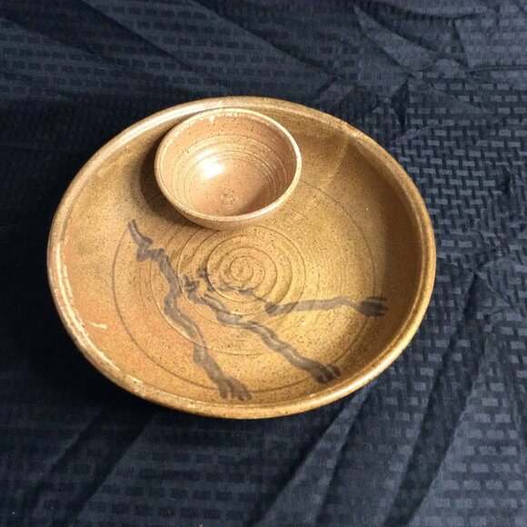 Handmade Pottery Glazed Chip Dip Bowl Brown White Black Signed 11” X 2.75” - Picture 1 of 8